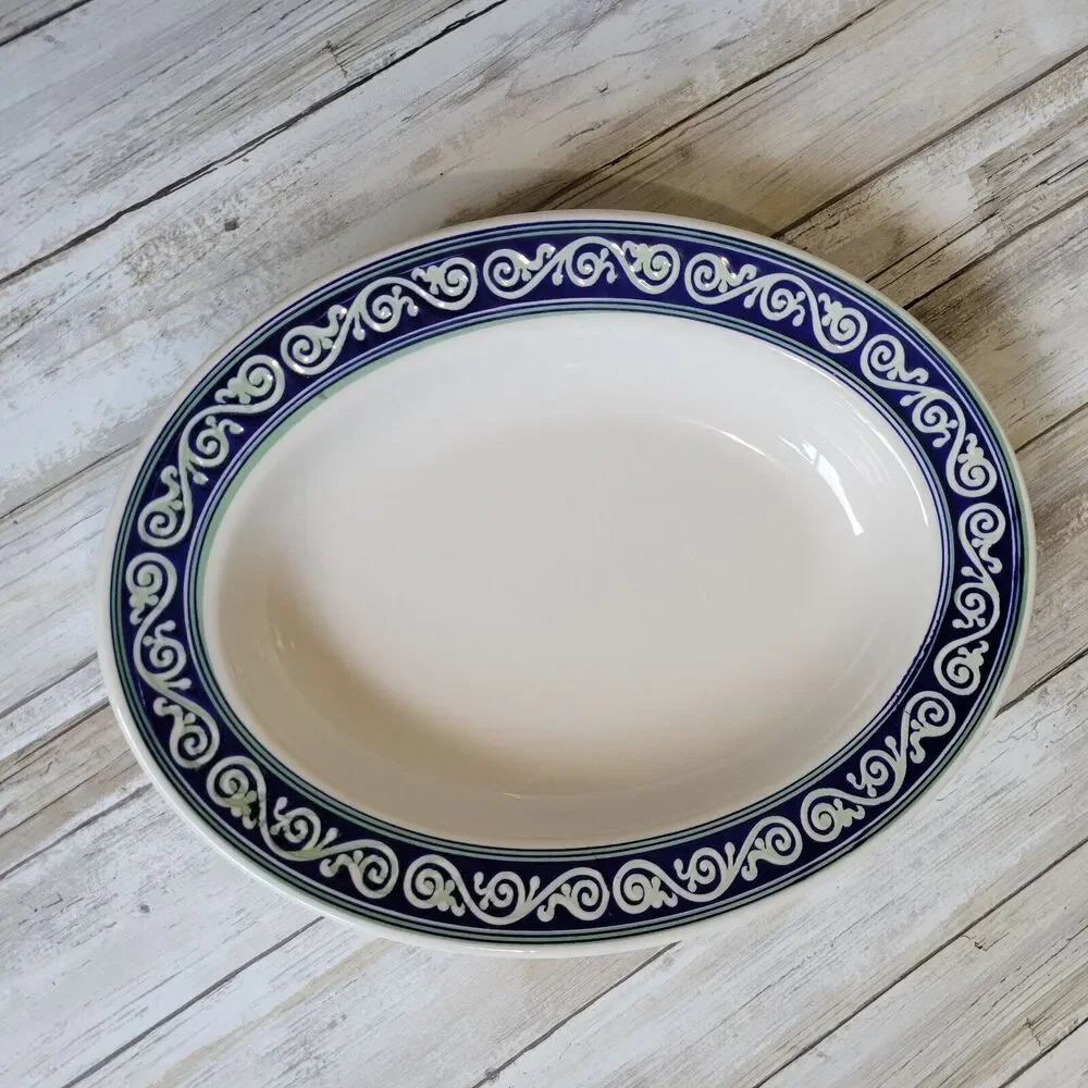 pier 1  Farm House Ceramic oval serving bowl vitra scroll green rim 12